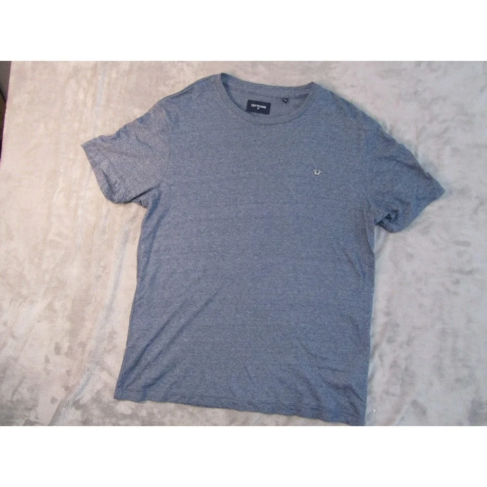 True Religion Mens Blue Heather Short Sleeve Horseshoe Logo Crew‎ Neck T-Shirt L